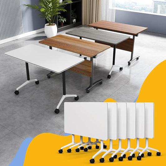 Conference Table Flip Top Mobile Conference Room Tables,Folding Conference Table with Wheels,Large Meeting Training Seminar Table Saving Space for Office Classroom (6, White, 61'')