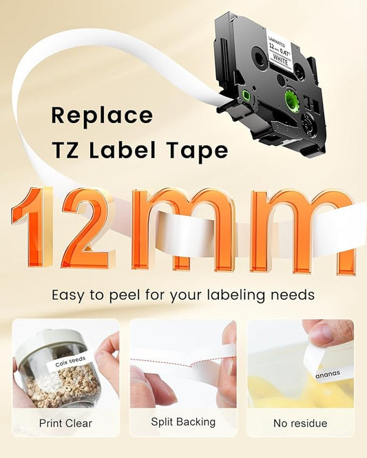 Colorty Replace for Brother Tape Cassette P Touch Label Tape 12 mm 0.47 Laminated White Tz TZe-231 Label Maker Ptouch Refills for PT-D400 D410 H100 1090 1290 1880 1750 2040 12mm x 8m, 8-Pack