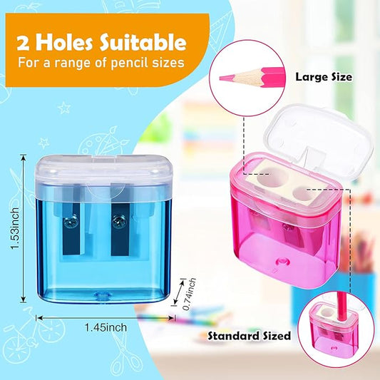 Tenare 48 Pieces Back to School Pencil Sharpeners Manual Double Hole Pencil Sharpener with Lid Hand for Home School Office, Handheld Plastic Crayon Grinder, Pink, Yellow, Green, Blue