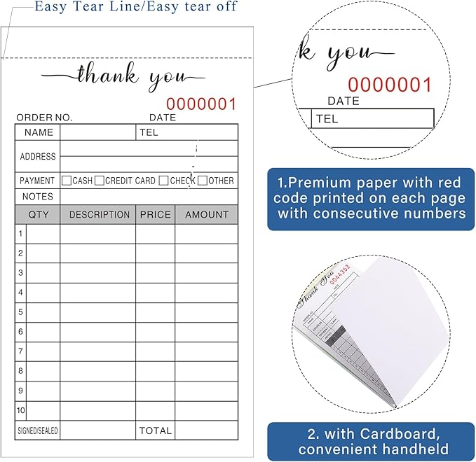 12 Pack Thank You Receipt Book, 3.4x5.5" Handheld 2-Part Carbonless Sales Invoice Book, Invoice Pad with Cardboard for Small Boutique Business, (50 Sets)