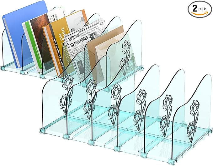 COWVTUJ Adjustable Rose File Organizer for Desk, Vertical File Folder Holders for Magazines, Upright Desktop Binder Organizer, Clear Paper Bookshelf Divider File Sorter for School Office Supplies