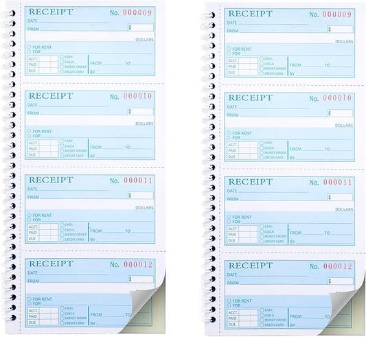2 Packs Receipt Book with Carbon Copies,Money and Rent Receipt Book,2-Part Carbonless,5.31" x 11.22",Spiral Bound,Yellow and Blue Copy,200 Sets per Book