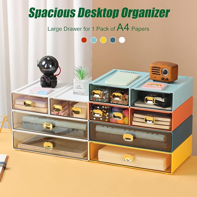 OSteed Spacious Desktop Storage Box, 1 Large 1 Middle & 2 Small Storage Drawers, Stackable Office Desk Drawer Organizer and Accessories, Printer Paper Organizer, Yellow Plastic Drawers for Workspace