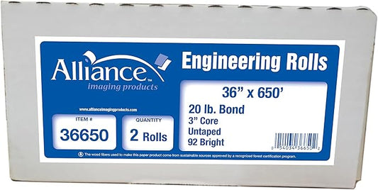 Alliance Wide Format Paper 36" x 650' Rolls Bond Engineering (20lb | 2 Rolls, 36 In x 650 Ft | 3" Core)…