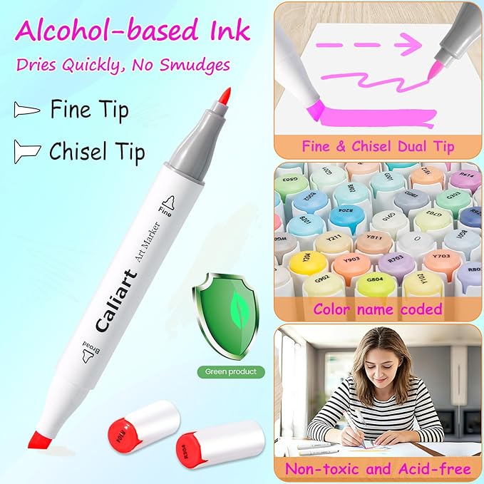 Caliart Alcohol Based Markers, 24 Colors Art Marker Set Fine & Chisel Dual Tip, Permanent Colored Pens for Adults Coloring Book Artists Illustration Sketch Lettering Drawing Cards Planner