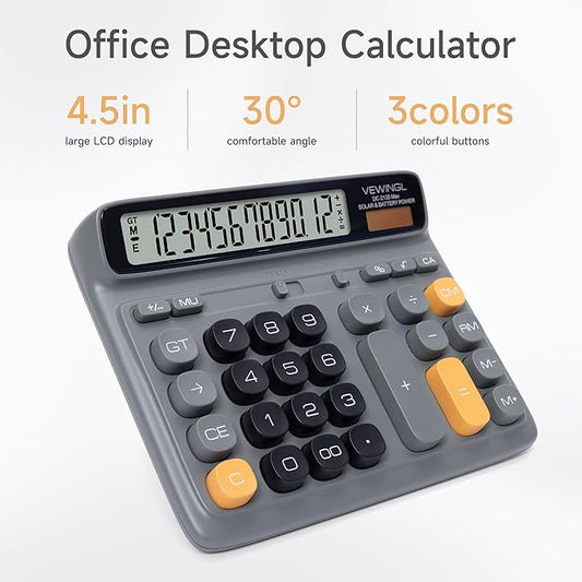 VEWINGL Desktop Calculator with Large LCD Display, 12-Digit Dual Power Solar & Battery Office Calculator with Big Buttons for Business, Accounting & Home Use (Green, L)
