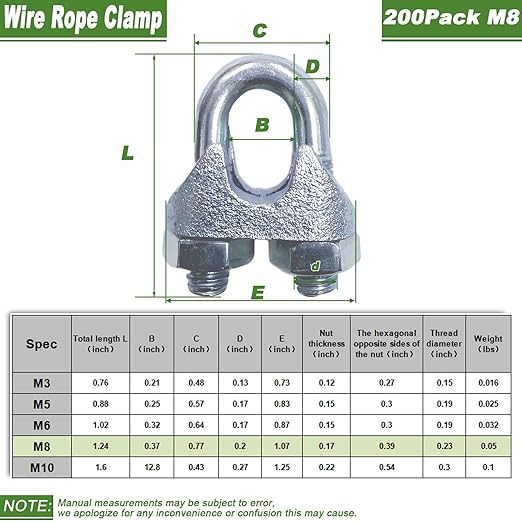 200PCS 5/16" M8 Zinc-Plated Wire Rope Clamps – Heavy Duty U-Bolt Cable Clips (Silver)