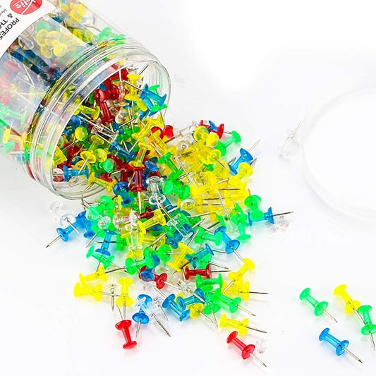 Yalis Push Pins 600 Count Clear Multicolored, Standard Thumb Tacks Steel Point and Clear Multi-Colors Plastic Head