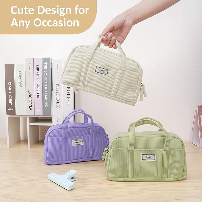 Sooez Large Pencil Case Pouch, Extra Big Pencil Bag with 5 Compartments, Pen Bag Wide Opening, Soft Corduroy Pencil Organizer with Zipper, Cute Aesthetic School Supplies for Teen Girls Light Pink