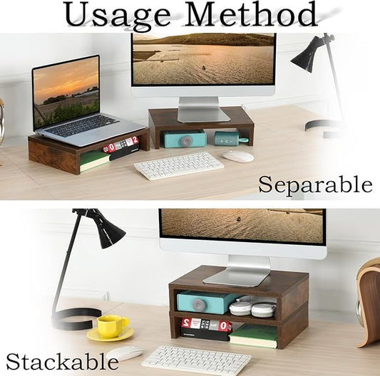 TEAMIX Monitor Riser - 2 Pack, Rustic Brown Wood Adjustable Stand for 2 Monitors/Laptop/PC