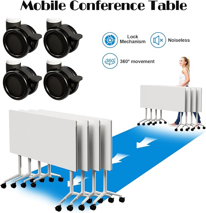 Conference Table Flip Top Mobile Conference Room Tables,Folding Conference Table with Wheels,Large Meeting Training Seminar Table Saving Space for Office Classroom (10, White, 47.2'')