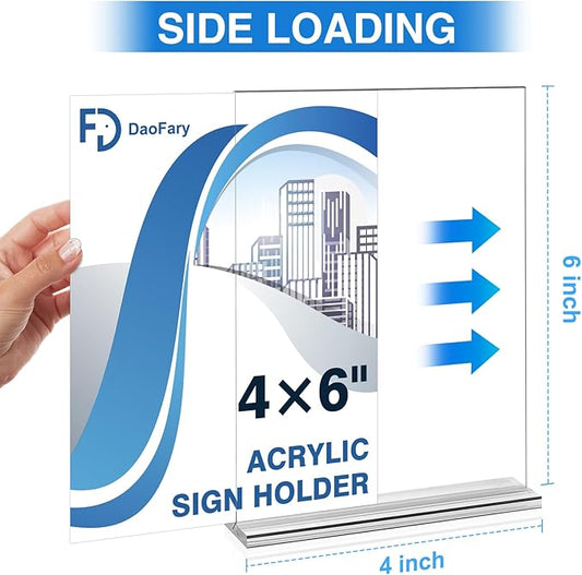 Daofary 26 Pack Acrylic Sign Holder 4 x 6 Clear Display Table Signs Stand, Double Sided T Shape Flyer Holder Plastic for Picture Paper Frame Holder Home Office Menu Retail Show Fair