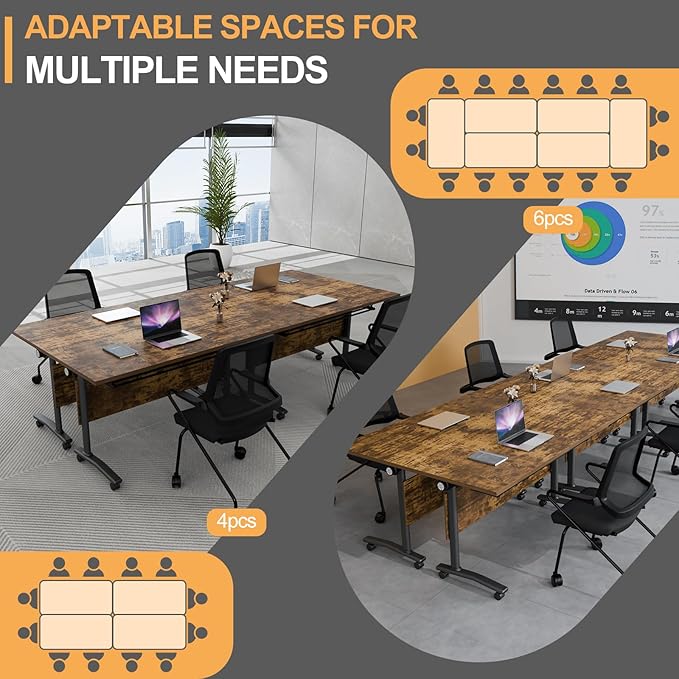 Folding Conference Table 4ft 5ft, Foldable Office Meeting Desk for 6 People, Multiple Sizes Colors Mobile Conference Room Table for Training Room School Business Furniture (2, Brown, 55in)