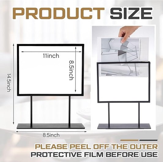 Zhengmy 1 Pcs Tabletop Sign Holder with Flat Base 11" x 8.5" Double Sided Countertop Sign Holder Horizontal Desktop Display Stand Metal Poster Display Stand for Office Store Restaurant Hotels, Black