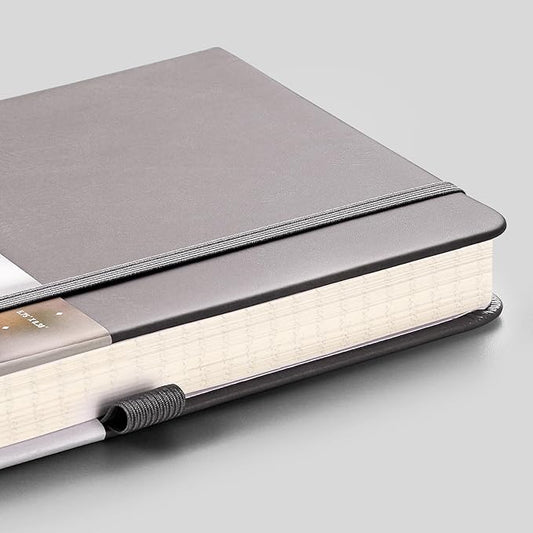 EMSHOI Dotted Notebook - 256 Pages A5 Dot Grid Journal Bullet Notebook with 120gsm Thick Dotted Paper,16 Perforated Pages, Hardcover Leather, Pen Holder, Inner Pocket, 5.75'' × 8.38''-Dark Grey