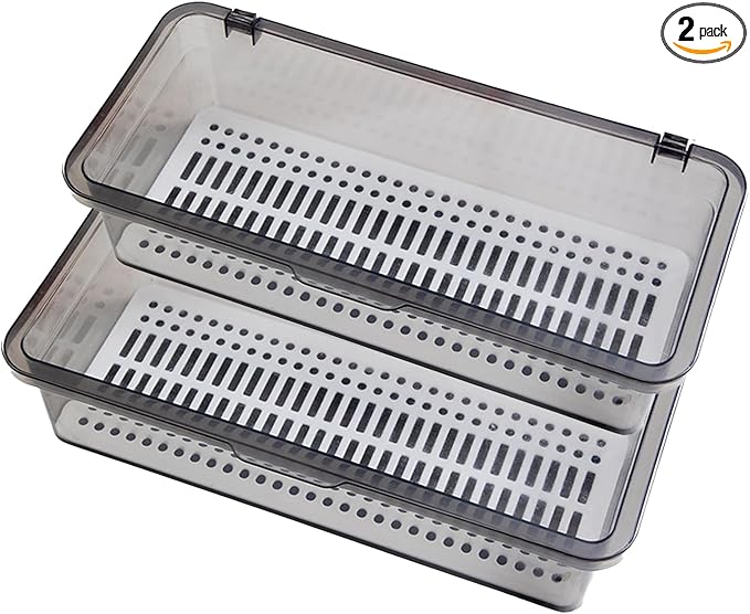 AHGUEP Silverware Organizer with Lid and Drainer - Plastic Kitchen Drawer Organizer for Forks Spoons Knives, Stackable Utensil Storage Container, Space-Saving Cutlery Tray (10.6 x 4.7 x 2.8 inch) (2)