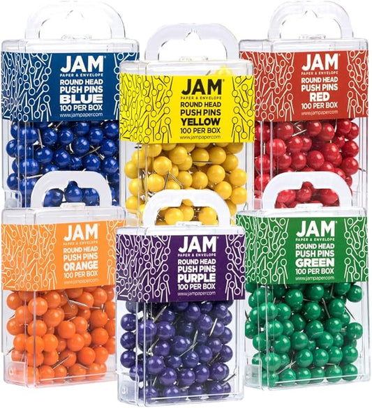JAM PAPER Colorful Push Pins - Round Head Map Thumb Tacks - Assorted Rainbow Colors - 600/Pack