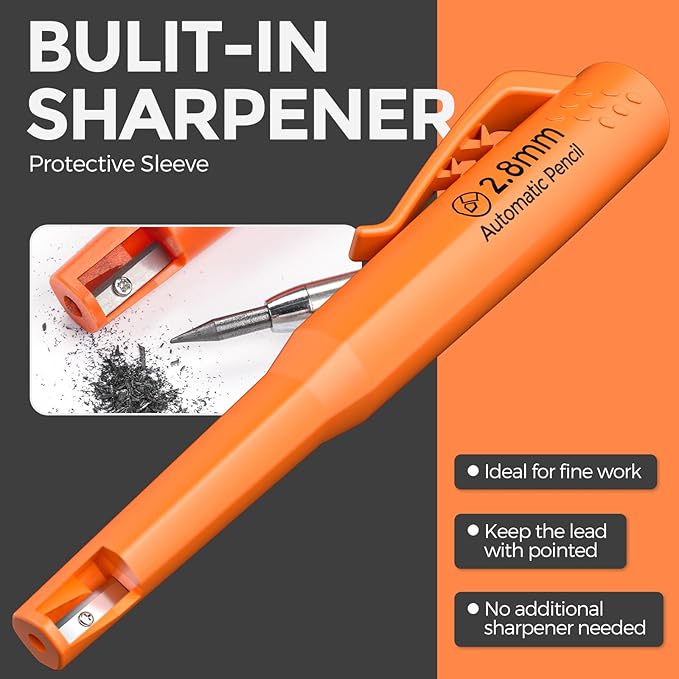 Nicpro 6 Pack CP3000 Carpenter Pencils with Sharpener, Mechanical Pencil Set with 78 Refill, Heavy Duty Construction Pencil, Carpenter Tools for Architect Marking (Red,Black,Yellow,Orange,Green,Blue)
