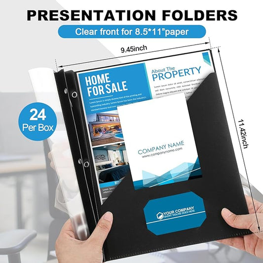 Teling 24 Pcs Clear Front Report Covers with 3 Prongs, Plastic Black Presentation Folders Bulk with 3 Pockets for A4 and Letter Size Paper, 90 Sheet Capacity, Document Covers for School Business