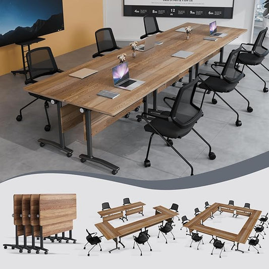 Folding Conference Table 4ft 5ft, Foldable Office Meeting Desk for 6 People, Multiple Sizes Colors Mobile Conference Room Table for Training Room School Business Furniture (2, White Walnut, 55in)