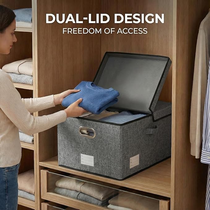 PRANDOM Storage Bins with Lids [3-Pack] Linen Fabric Foldable Storage... (Grey..