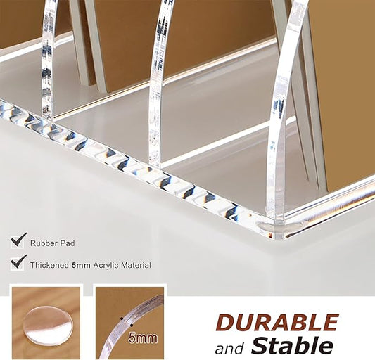 SANRUI Acrylic File Organizer, Compact Desk Organizer for Folders, Binders, Notebooks, Envelopes, Vertical Binder Storage Organizer, 4 Section Bookshelf for School Home Office Organization