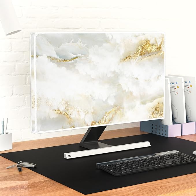 Baocicco White Gold Waterproof TV Display Screen Cover with Abstract Texture Marble Design 70 Inch Television Covers Sleeve Compatible with LCD LED PC Desktop and Home Hanging TV