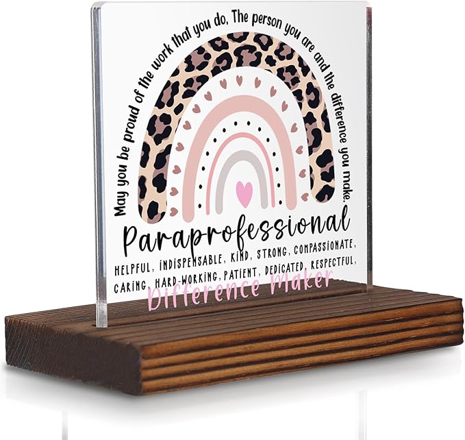 Paraprofessional Appreciation Gift Desk Sign, Difference Maker Thank You Gift for Classroom Support Staff Aide Instructional Assistant Leopard Rainbow Decor Plaque PA097