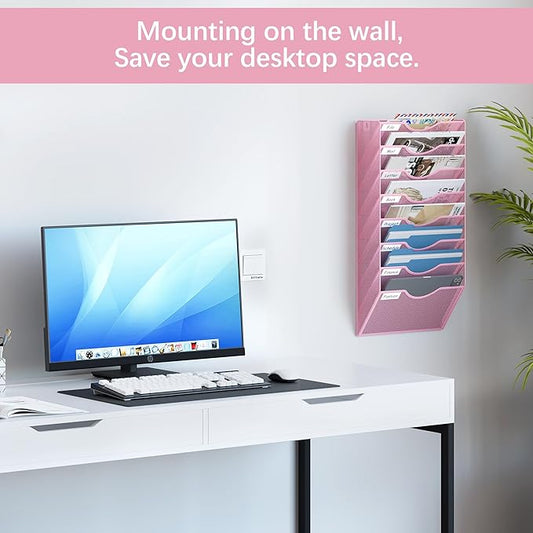 EasyPAG 8 Pocket Mesh Wall File Organizer, Hanging Paper Folder Holder with Classify Label, Vertical Wall Mount Mail Organizer for Office Home Classroom, Pink