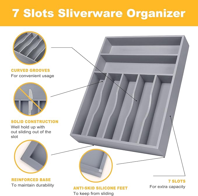 oridom Kitchen Bamboo Silverware Organizer, Kitchen Drawer Organizer - Utensil Holder and Cutlery Tray with Grooved Drawer Dividers for Flatware 7 Slot, Grey