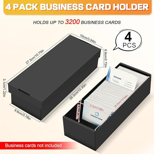 QLOUNI Business Card Storage Box 4 Pack, Business Card Holder Case with Lids, Holds 3200 Cards Total, 3-Layer Corrugated Desk Business Card Organizer, Black Card Index Photo & Office Supplies Storage