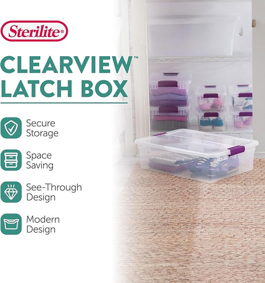 Sterilite 6-Pack 32 Quart ClearView Latch Box, Stackable Organizer Bins with Latching Lids - Clear Plastic Organization Containers for Closet, Bedroom, Shelving Units and Everyday Home Storage