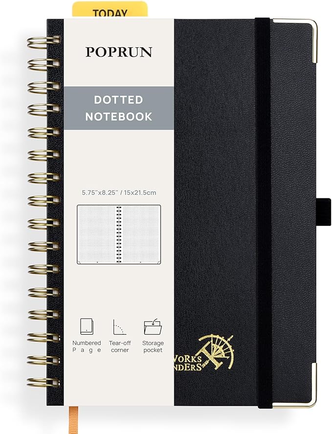 POPRUN Spiral Dotted Journal Notebook — A5, Black