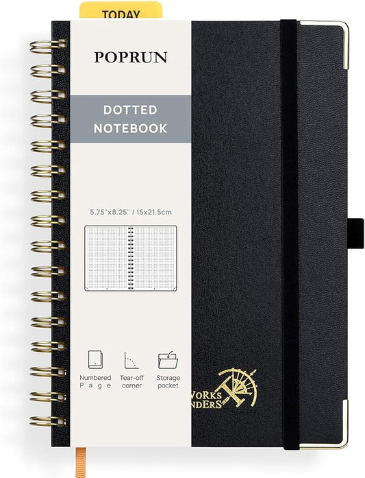 POPRUN Spiral Dotted Journal Notebook — A5, Black
