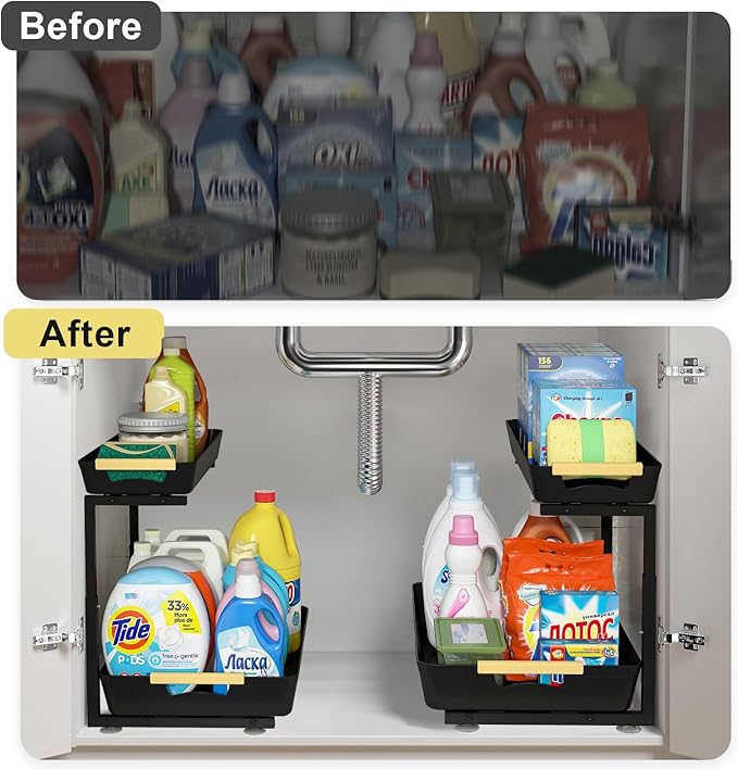 AMEDELE Under Sink Organizer,2 Tier Pull Out Adjustable Height Under Cabinet Storage,Under Sink Storage for Kitchen Bathroom Cabinet(1 Pack)