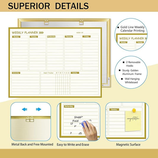Gold Weekly Dry Erase Board for Wall,12"x16",Small Magnetic Dry Erase Weekly Calendar Board,Gold Metal Frame Weekly Planner Whiteboard for to Do List, Memo, School, Home, Office, Kitchen-GZ
