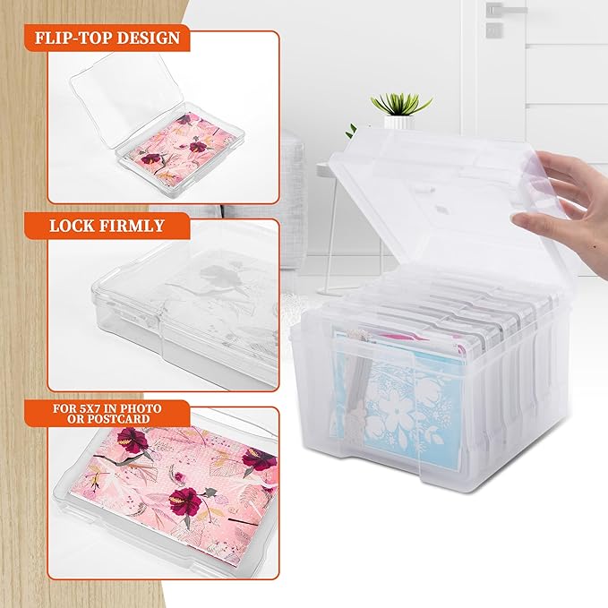 Joelver Maker 5" x 7" Photo Storage Box - 6 Inner Acid-Free Photo Cases, Seed & Craft Organizer for Cards, Pictures, Stamps & Office Supplies (Clear)