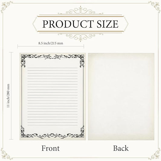 Sabary 200 Sheets Lined Stationary Writing Paper 8.5 x 11 Inch Fancy Vintage Stationery Letters Paper Lined Antique Retro Sheets for Letters Invitations Resume(Black)