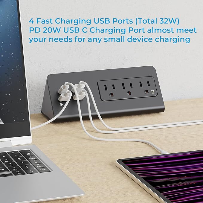 Nightstand Charging Station, Nightstand Edge Power Strip with 3 AC Outlets, 4 Fast Charging USB Ports, Connect 6.56FT Flat Plug, Desk Surge Protector for Office Home Hotel, 2-Pack(Black)
