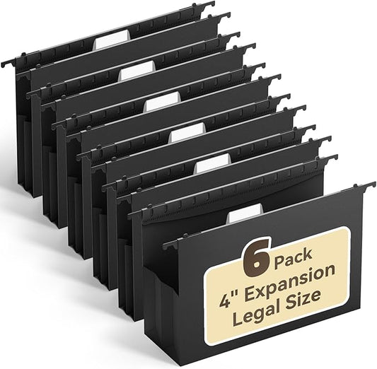 Ansook Extra Capacity Hanging File Folders Legal Size,Heavy Duty 4" Expansion, File Cabinet Folders with 1/5 Tabs,6 Pack Expandable File Folder Organizer,Hang Folder for File Frame & File Box
