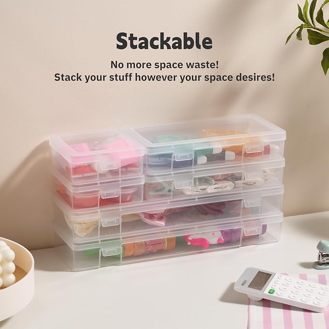 novelinks Stackable Plastic Clear Storage Box Containers with Latching Lid - Art Craft Supply Organizer Storage Containers for Pencil Box, Crayon, Beads, Jewelry (18 Pack Small -Clear)
