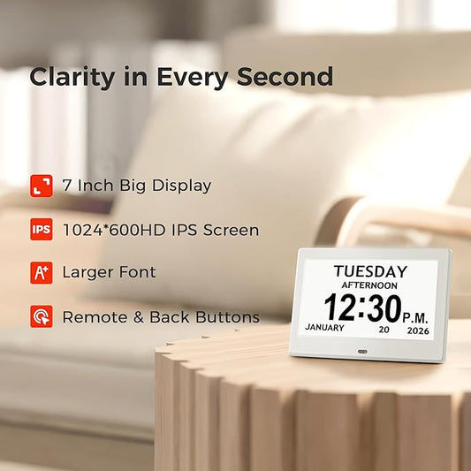 7'' Digital Clock, Dementia Clock With Date And Time, 10 Reminders, 6 Alarms, Auto-Dimming, Auto DST, Remote Control, Large Display Alarm Clock For Seniors, Gifts For People With Dementia, White
