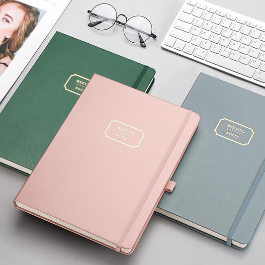 EMSHOI Meeting Notebook for Work with Sticky Tabs - 240 Pages, A4 Size Project Planner, PU Leather Meeting Agenda/Minutes Organizer for Women Men Note Taking Office Business, 8.3"x11.7", Dark Green