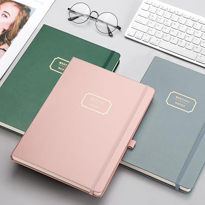 EMSHOI Meeting Notebook for Work with Sticky Tabs - 240 Pages, A4 Size Project Planner, PU Leather Meeting Agenda/Minutes Organizer for Women Men, Note Taking, Office & Business, 8.3"x11.7", Green