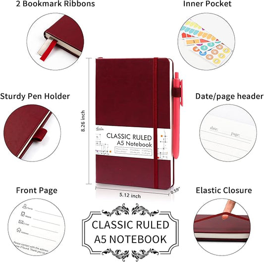 feela 5 Pack Journal Notebook Bulk for School, Hardcover Business Notebooks Classic Ruled Lined Journals with Pen Holder for Work Note Taking, with 5 Black Pens, 120 GSM, 5.1”x8.3”, A5, Wine