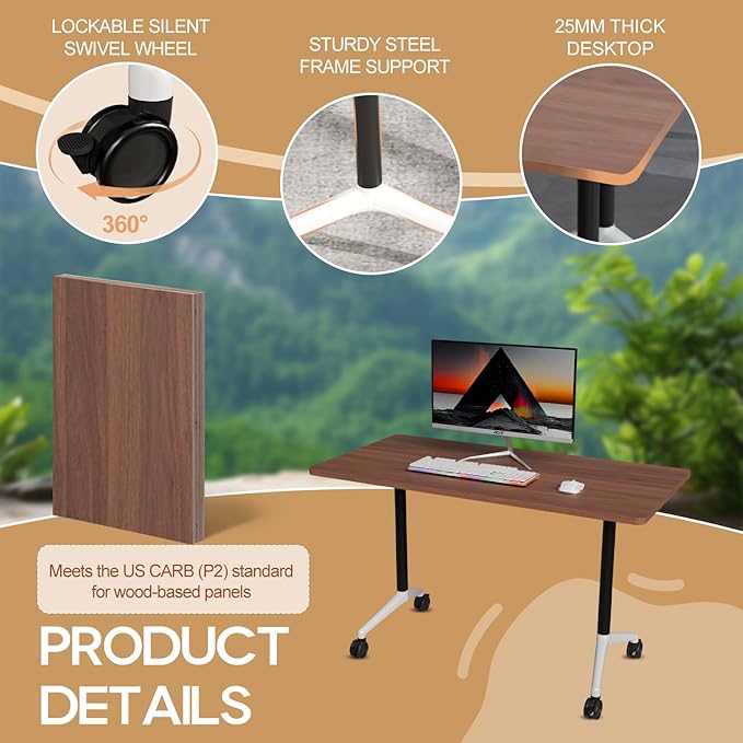Folding Conference Table 4ft 5ft, Foldable Office Meeting Desk for 6 People, Multiple Sizes Colors Mobile Conference Room Table for Training Room School Business Furniture (4, Walnut, 55in)