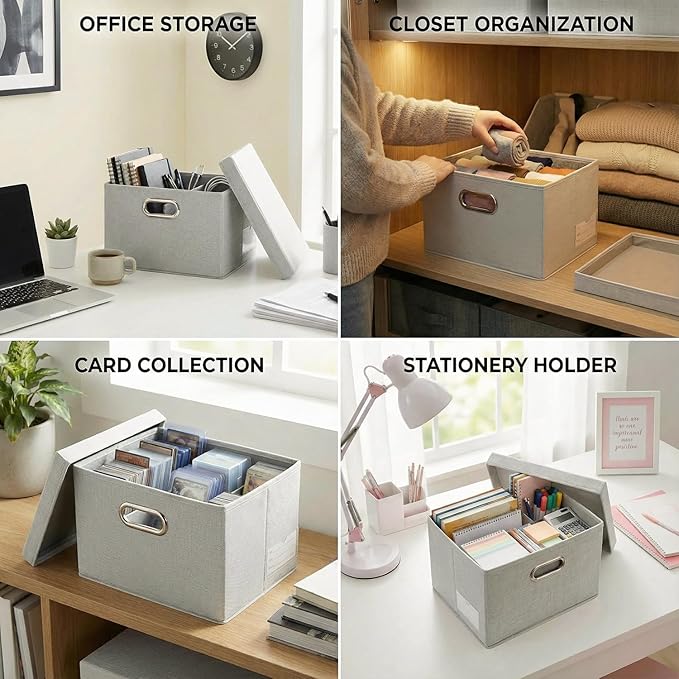 PRANDOM Storage Bins with Lids [3-Pack] Linen Fabric Foldable Storage... (Beig..