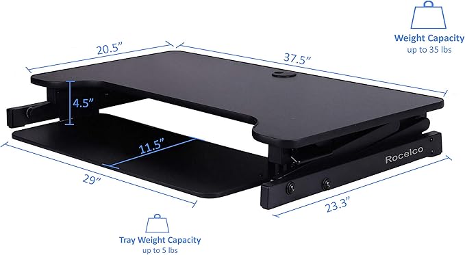 Rocelco 37.5" Deluxe Height Adjustable Standing Desk Converter with Dual Monitor Mount and Anti Fatigue Mat BUNDLE - Sit Stand Up Computer Workstation Riser - Keyboard Tray - Black (R DADRB-DM2-MAF)