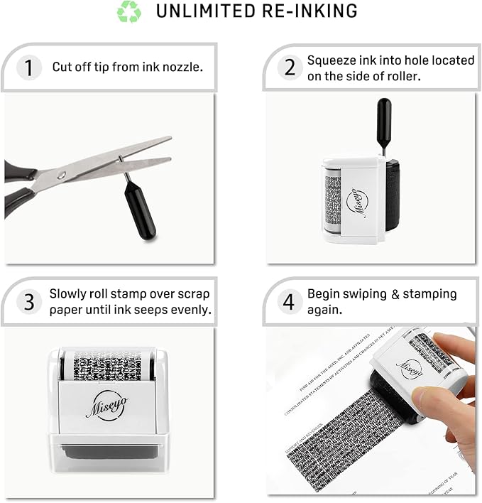 Miseyo Wide Identity Theft Protection Roller Stamp Set - White (3 Refill Ink Included)