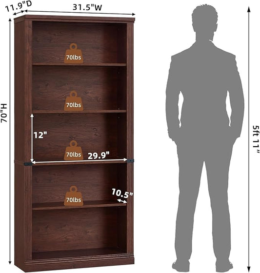RWYHG 70" Walnut Tall Bookshelf,5-Tier Thick Wooden Book Shelf with Adjustable Shelves,Free Standing Farmhouse Bookcase with Open Display Storage,Floor Vintage Bookshelves for Living Room,Office